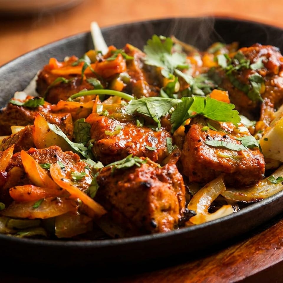 Sizzling chicken tikka with onions, peppers, cilantro, and lemon wedges in a black cast iron pan.